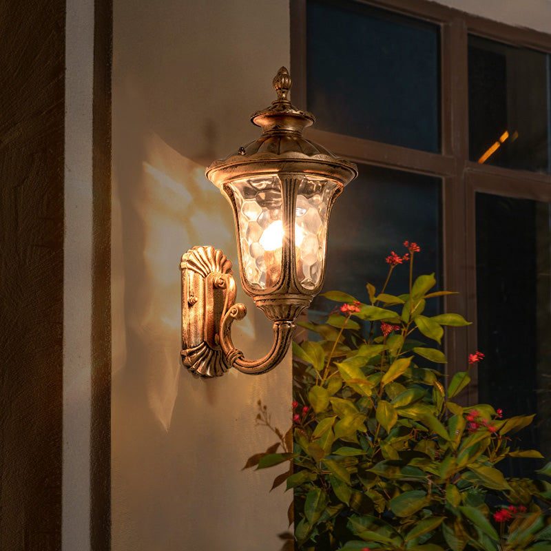 Luz de montaje de pared de campana de bronce, vidrio de ondulación tradicional de 1 luz, iluminación de pared al aire libre