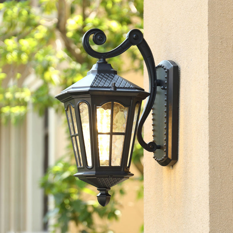 Vintage Lantern Shaped Wall Light Fixture Single-Bulb Ripple Glass Wall Mounted Lamp for Yard