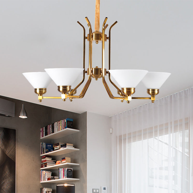 Cone White Glass Chandelier Lighting Traditional 3/6 Lights Living Room Pendant Lighting in Gold