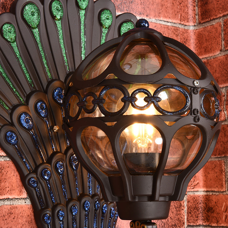 Clear Glass Sphere Wall Light Classic 1 Head Courtyard Wall Lighting Fixture with Peacock Backplate in Black