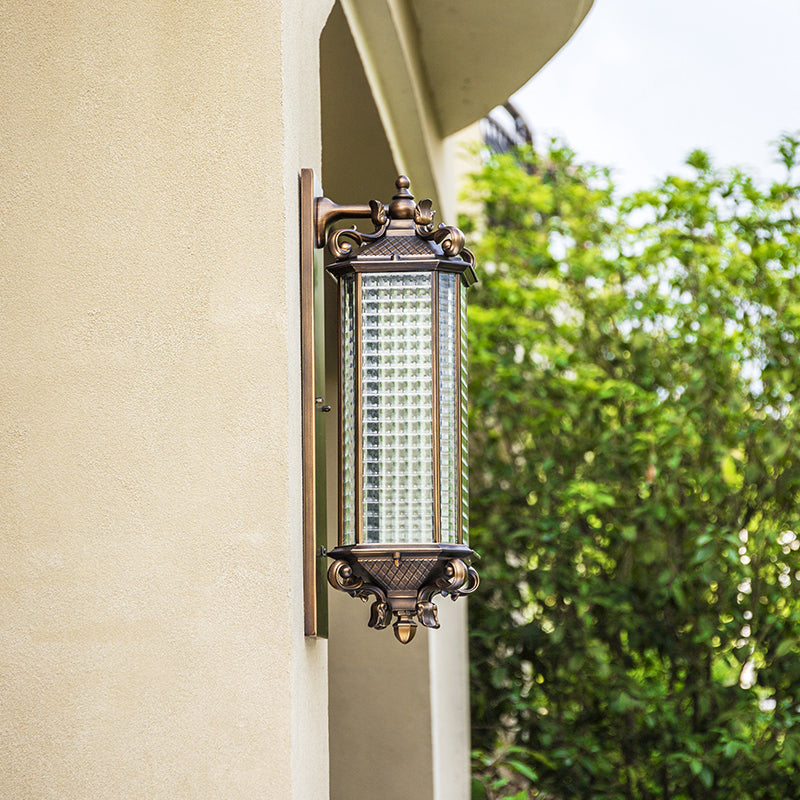 Bronze Rectangular Wall Mount Light Traditional Grid Glass Single Courtyard Wall Light Fixture