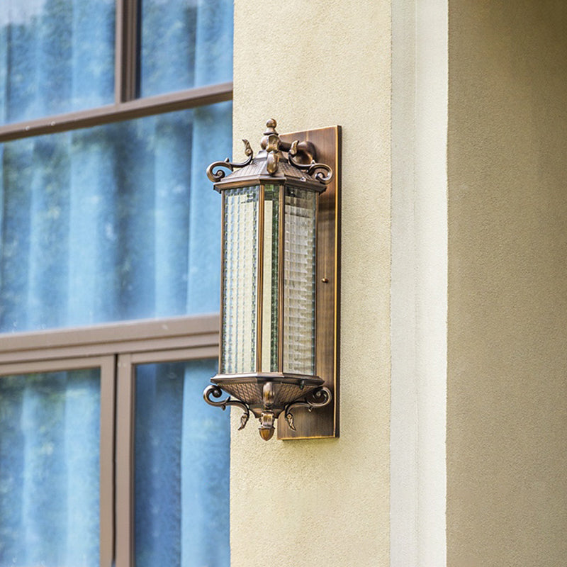 Bronze Rectangular Wall Mount Light Traditional Grid Glass Single Courtyard Wall Light Fixture