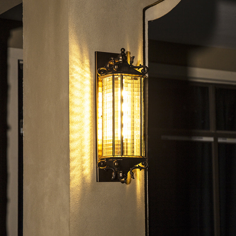 Bronze Rectangular Wall Mount Light Traditional Grid Glass Single Courtyard Wall Light Fixture