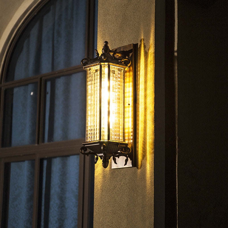 Bronze Rectangular Wall Mount Light Traditional Grid Glass Single Courtyard Wall Light Fixture
