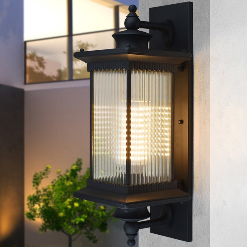 Vintage Rectangle Wall Light Fixture Single-Bulb Ribbed Glass Wall Mounted Lamp for Yard