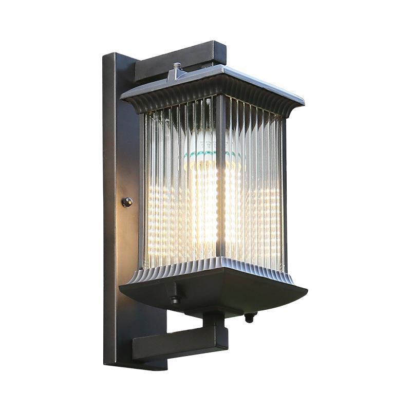 Rectangular Ribbed Glass Wall Lamp Rustic 1 Bulb Courtyard Wall Light Fixture in Coffee