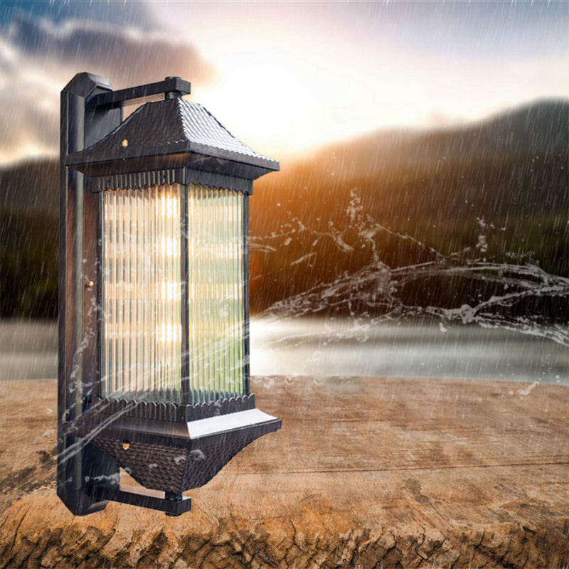 Ribbed Glass Rectangular Shade Wall Light Classic Single Outdoor Wall Lighting Fixture in Coffee