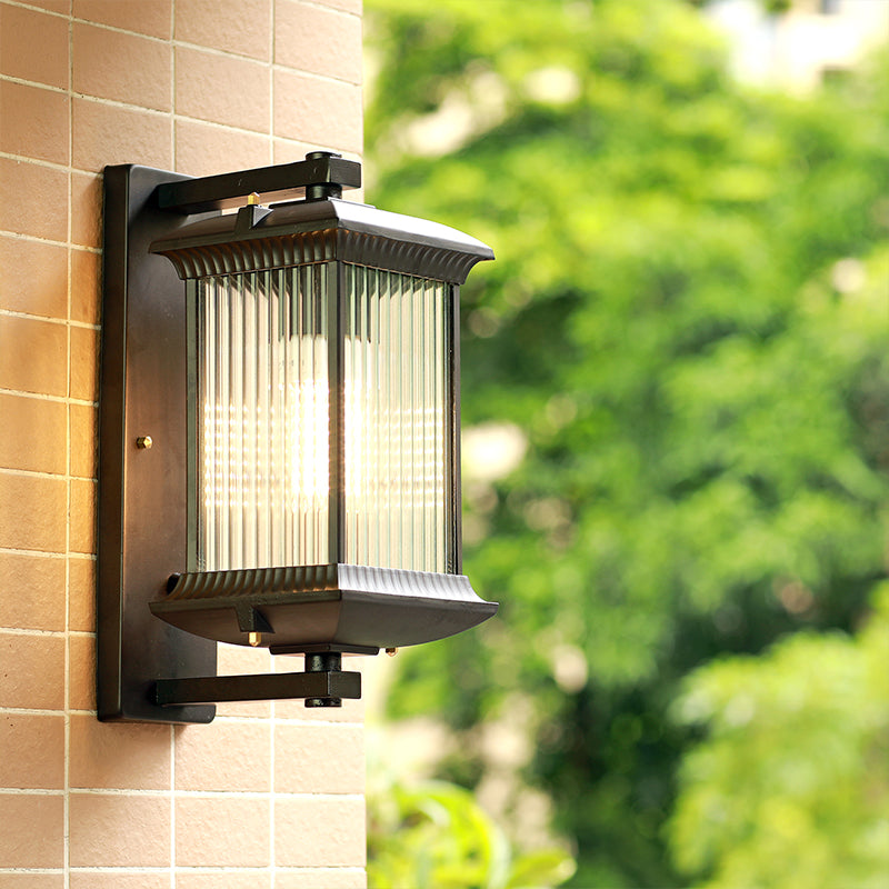 Ribbed Glass Rectangular Shade Wall Light Classic Single Outdoor Wall Lighting Fixture in Coffee