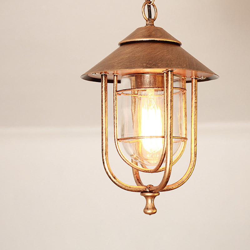 Traditional Cone Ceiling Light Single-Bulb Iron Hanging Pendant Light with Bell Clear Glass Shade for Garden
