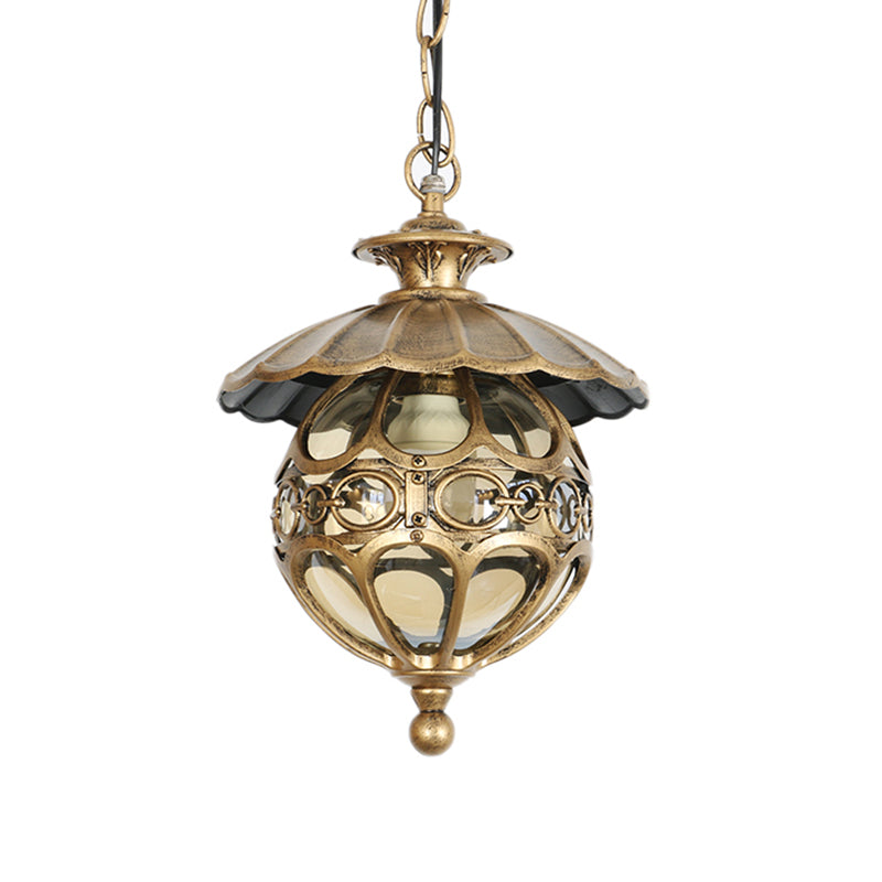 Single-Bulb Pendant Light Vintage Scalloped Aluminium Suspension Light with Globe Beige Glass Shade for Patio