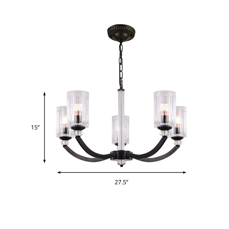 Black 5/6/8 Lights Chandelier Light Fixture Traditional Clear Textured Glass Cylinder Pendant Lamp