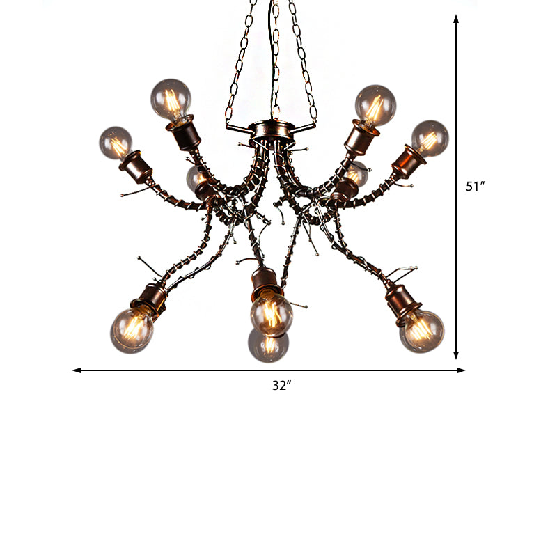 10-Light Human Shade Chandelier Loft Style Black Metal Pendant Light Fixture in Bedroom with Sputnik Shape