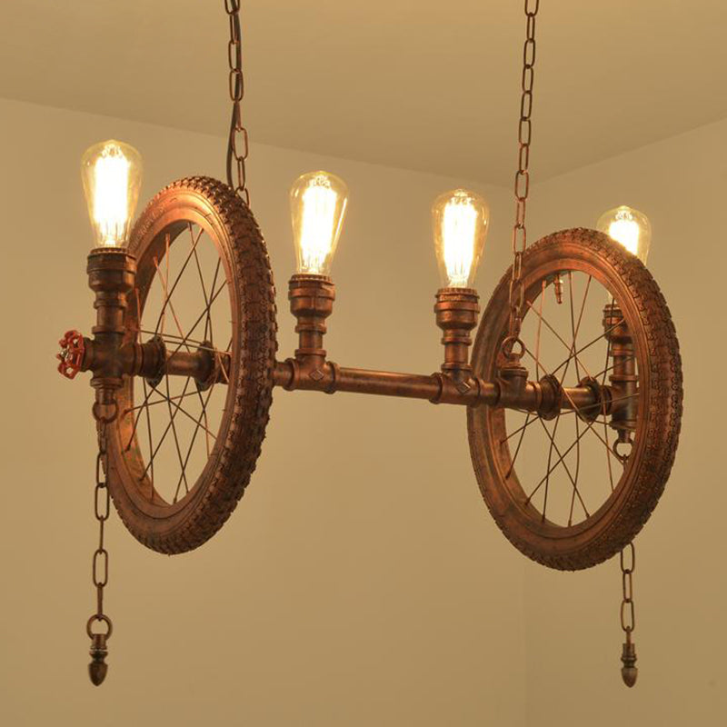 4-Bulb Metal Hanging Light Kit Industrial Weathered Copper Wheel Dining Room Island Lighting Fixture