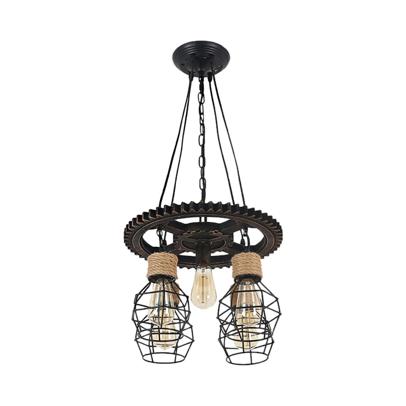 5 lumières Métal et corde Pendre lustre industriel Black Globe Dining Room Plafin Plafond Ayémis
