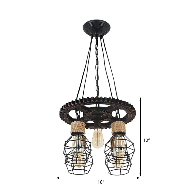 5 lumières Métal et corde Pendre lustre industriel Black Globe Dining Room Plafin Plafond Ayémis
