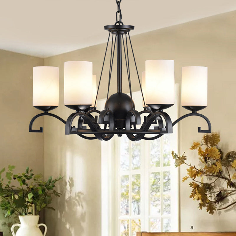 3/6 Lights Chandelier Light with Cylinder Frosted Glass Shade Classic Living Room Ceiling Lamp in Black