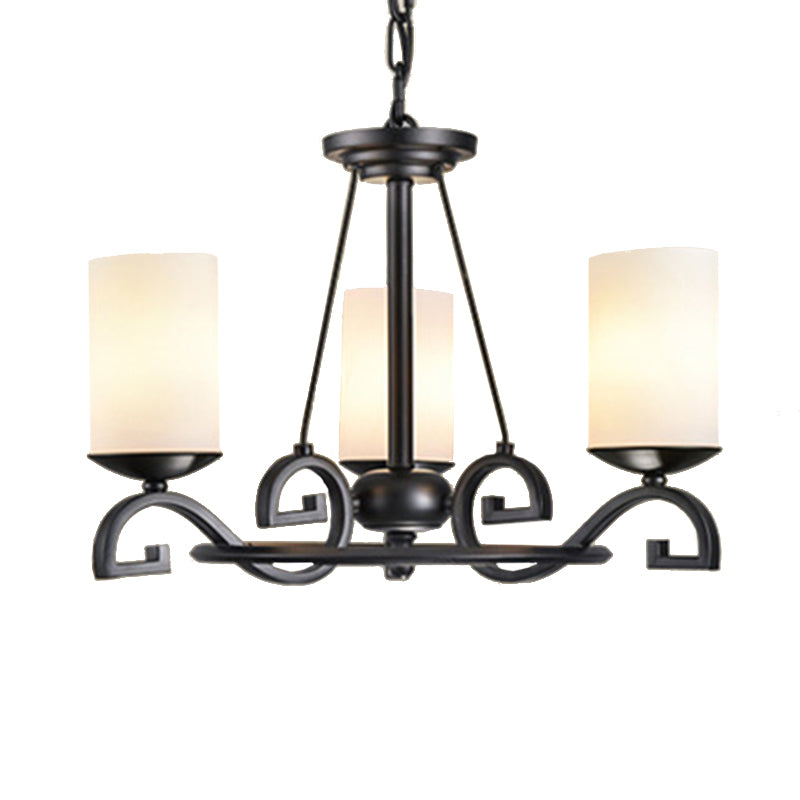 3/6 Lights Chandelier Light with Cylinder Frosted Glass Shade Classic Living Room Ceiling Lamp in Black