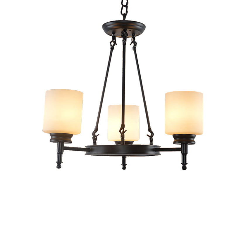 3/6 Lights Frosted Glass Chandelier Traditional Black Wheel Dining Room Hanging Ceiling Fixture with Cylinder Shade