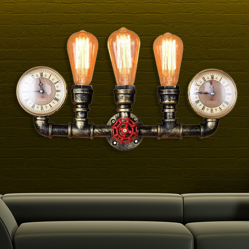 Armed Metal Sconce Lighting Industrial 3 Bulbs Indoor Wall Mounted Lamp with Pressure Gauge