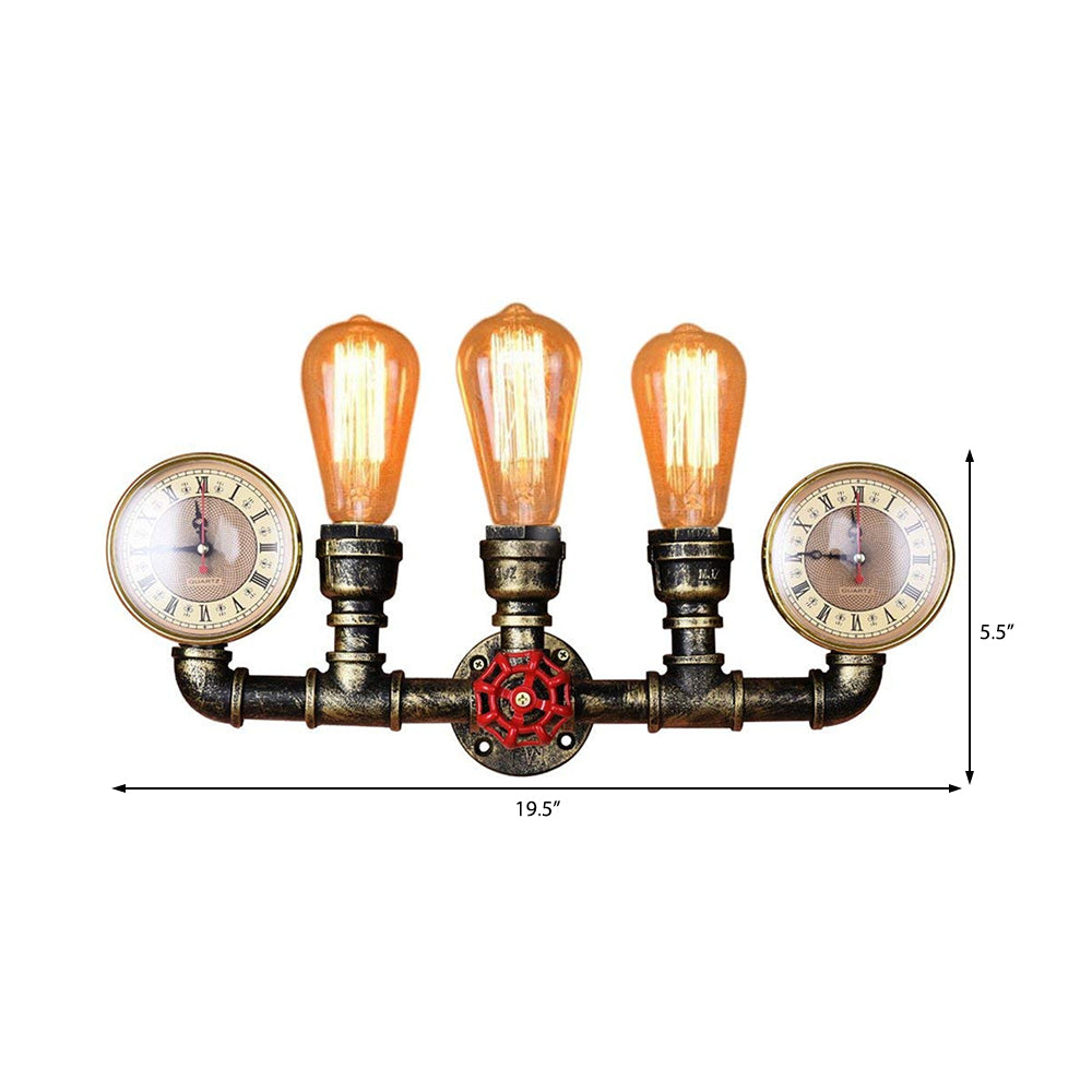 Armed Metal Sconce Lighting Industrial 3 Bulbs Indoor Wall Mounted Lamp with Pressure Gauge