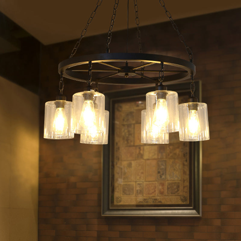 Schwarz 6/8 Lichter Anhänger Kronleuchter traditioneller klarer Glaszylinder hängend Licht mit Wagenraddesign