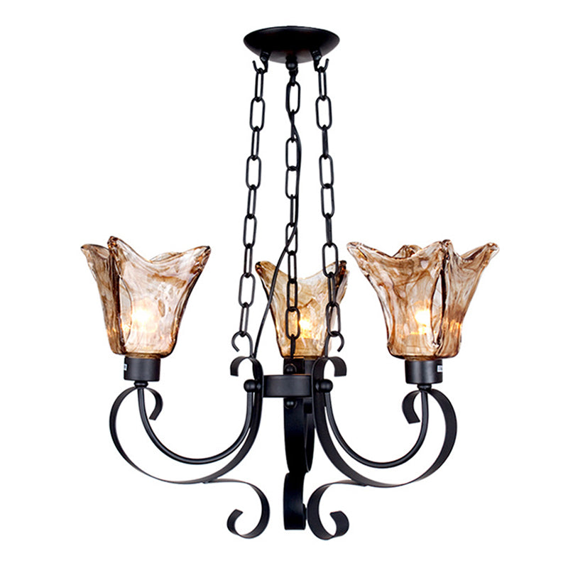 3/6/8 Bulbs Ceiling Lamp Scroll Amber Glass Classic Living Room Chandelier Pendant Light with Flower Shade