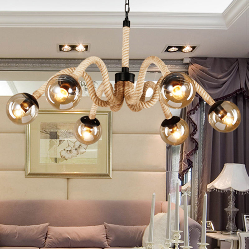Radial Rope Chandelier Light Traditional 6 Lights Living Room Pendant Lighting with Amber Glass Globe Shade