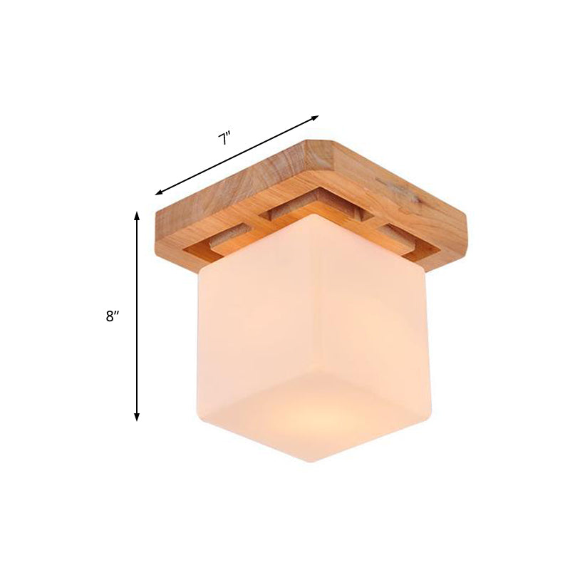 Cube Flush Mount Minimalist Milk Glass Beige LED Flush Mount Lamp with Wood Canopy