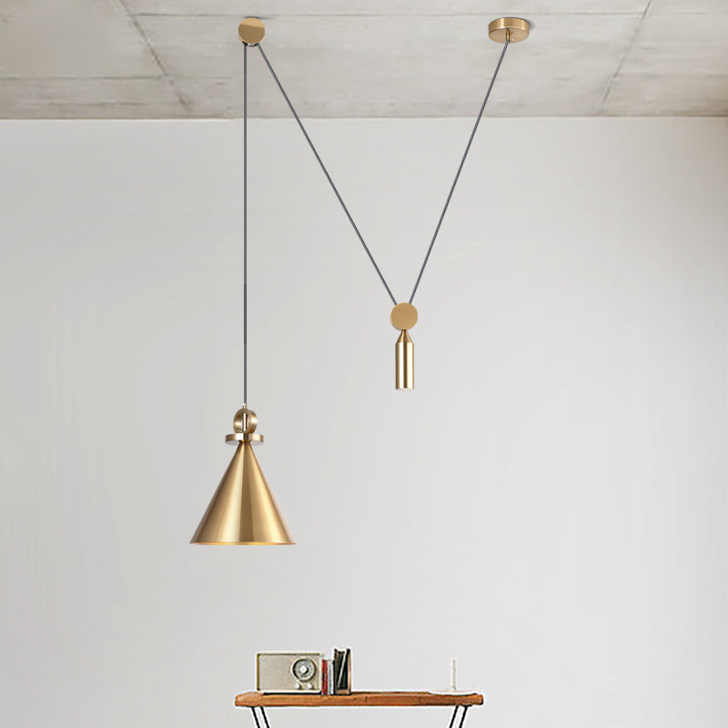 Conical Metallic Ceiling Light Postmodern Single-Bulb Gold Pulley Hanging Pendant Light for Living Room