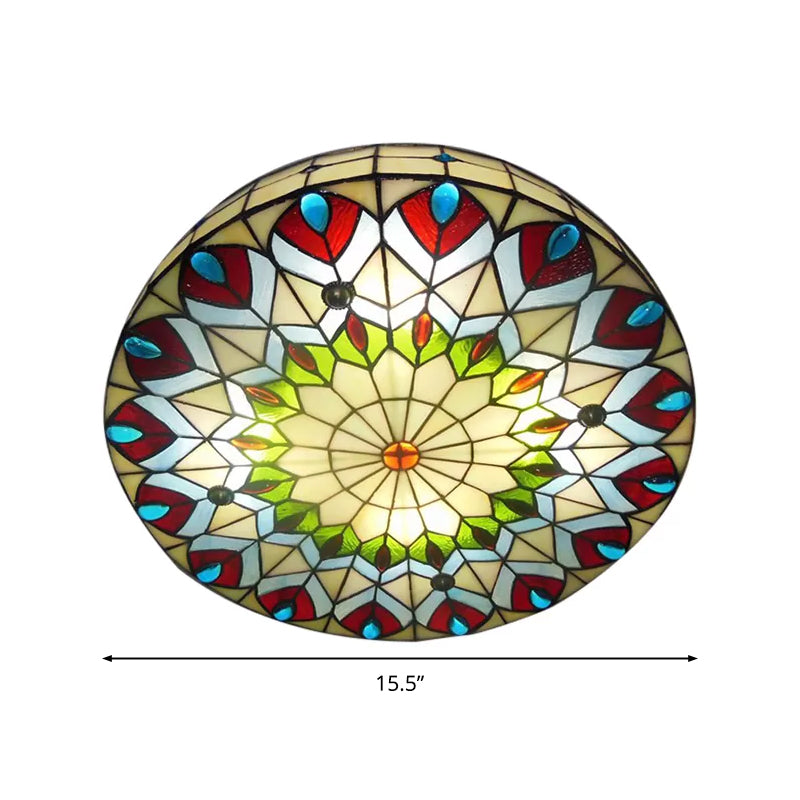Stained Glass Ceiling Light Fixture Tiffany Style 3-Light Drum Flush Mount Light Fixture with Peacock and Jewel
