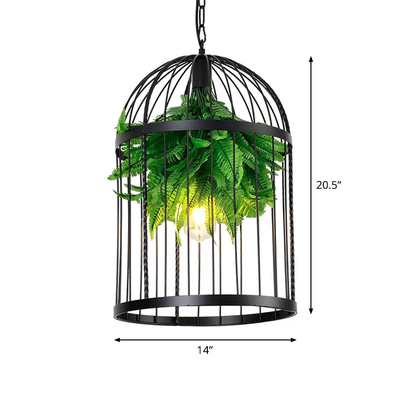 Black Bird Cage Hanging Lamp Farmhouse Iron 1 Light Restaurant Ceiling Pendant Light with Plant Decor