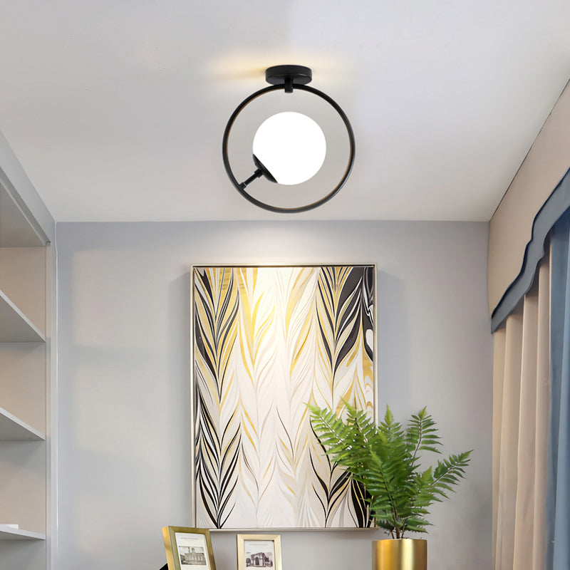 Vidrio blanco / amarillo modernista semiincrustado esférico 1 lámpara semiincorporada negra clara con anillo de hierro