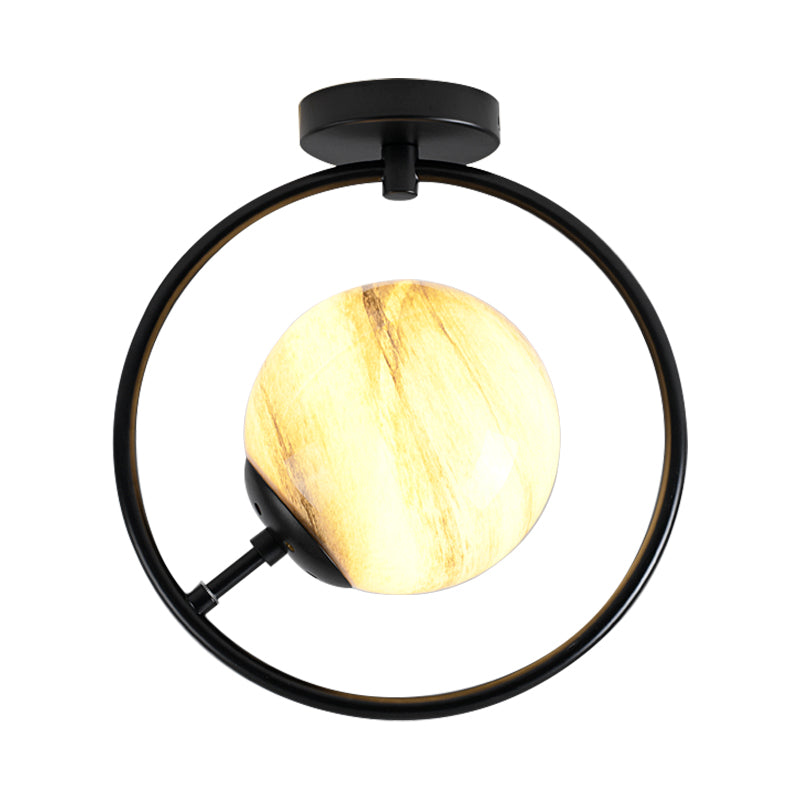 Vidrio blanco / amarillo modernista semiincrustado esférico 1 lámpara semiincorporada negra clara con anillo de hierro