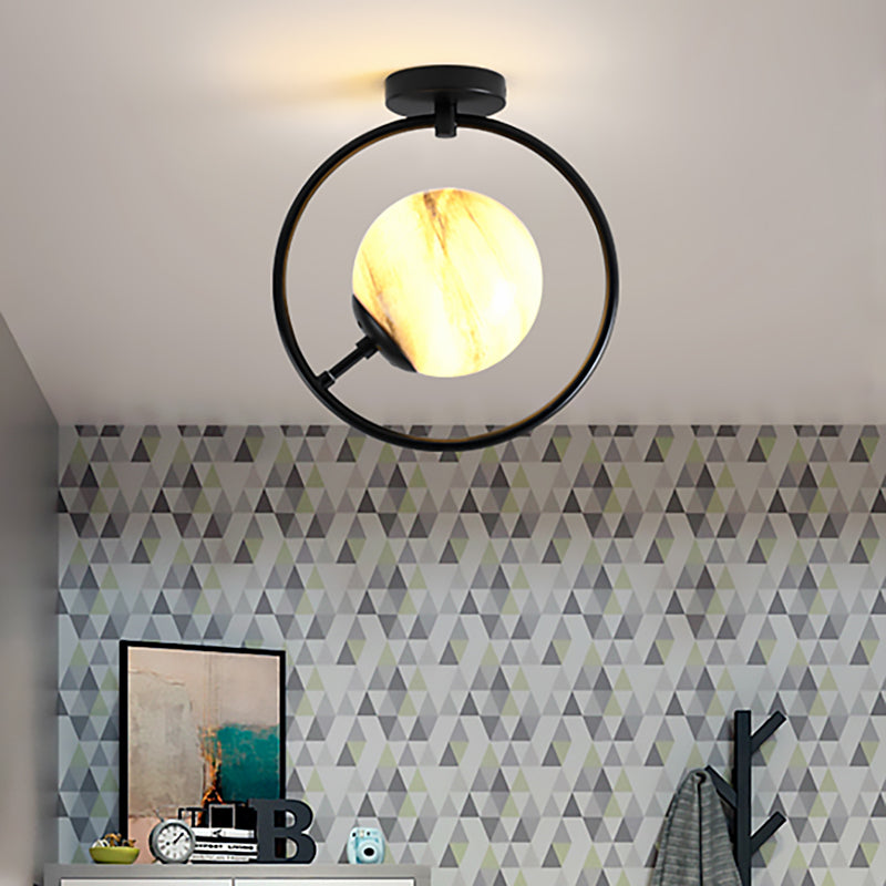 Vidrio blanco / amarillo modernista semiincrustado esférico 1 lámpara semiincorporada negra clara con anillo de hierro