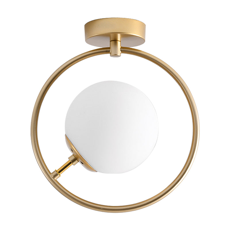 Gold Ball Semi Flush Lighting Modern 1 Licht Weiß/Gelb Glas Semi Flush Mount Lamp Befestigung mit Eisernen Ring