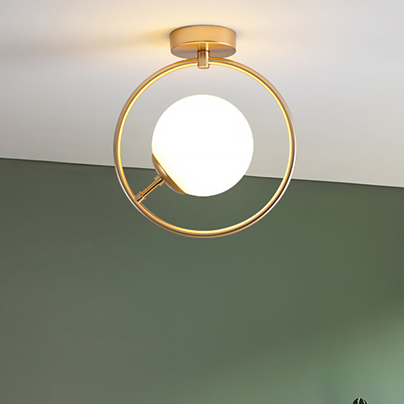 Gold Ball Semi Flush Lighting Modern 1 Licht Weiß/Gelb Glas Semi Flush Mount Lamp Befestigung mit Eisernen Ring