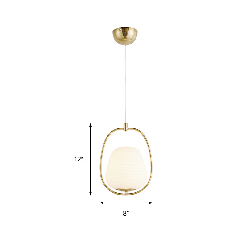 Oval Dining Room Pendant White Glass 1 Light Modern Hanging Lamp Fixture in Gold with Iron Ring