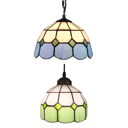Hand Cut Glass Green/Blue Ceiling Lamp Dome 1 Head Tiffany Suspension Pendant Light for Restaurant
