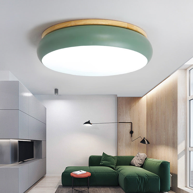 Lampada da incasso a tamburo con diametro di 18"/21,5" in legno macaron, lampada a LED bianca/rosa/verde con montaggio a incasso in luce bianca/calda/naturale