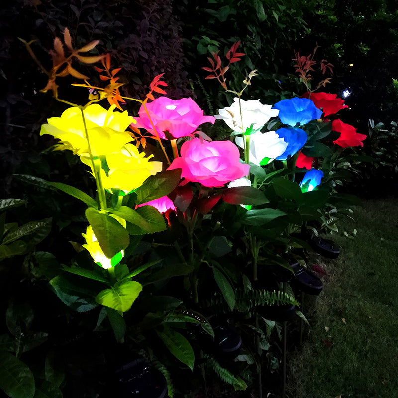 2 Pcs Rose Bouquet Shape Courtyard LED Stake Light Plastic Modern Solar Lawn Lighting