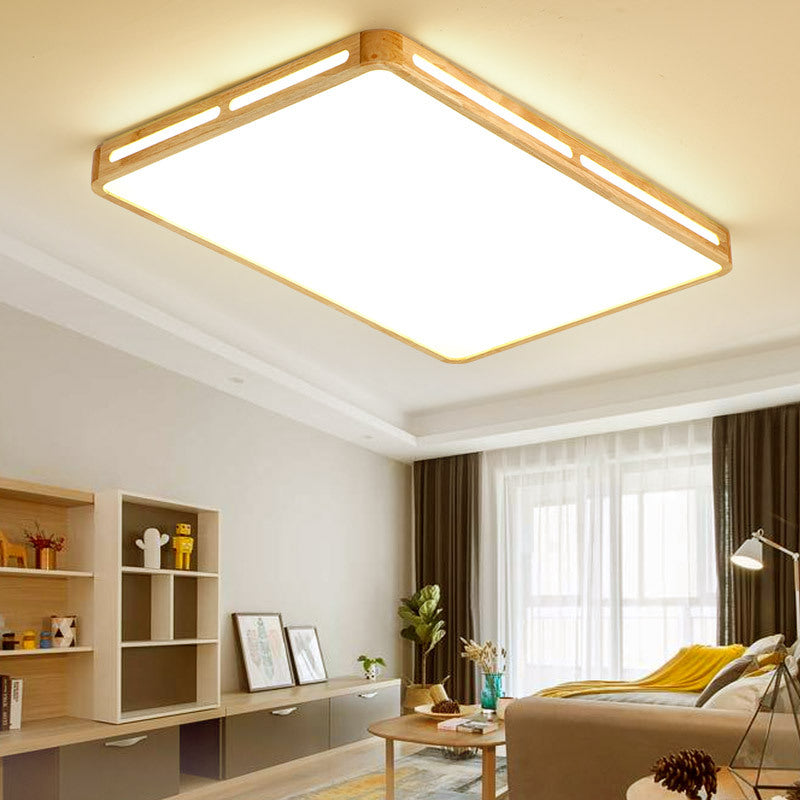 25.5"/37.5" Wide Rectangle Ceiling Light Minimalist Wood Beige LED Flush Mount Lamp for Bedroom