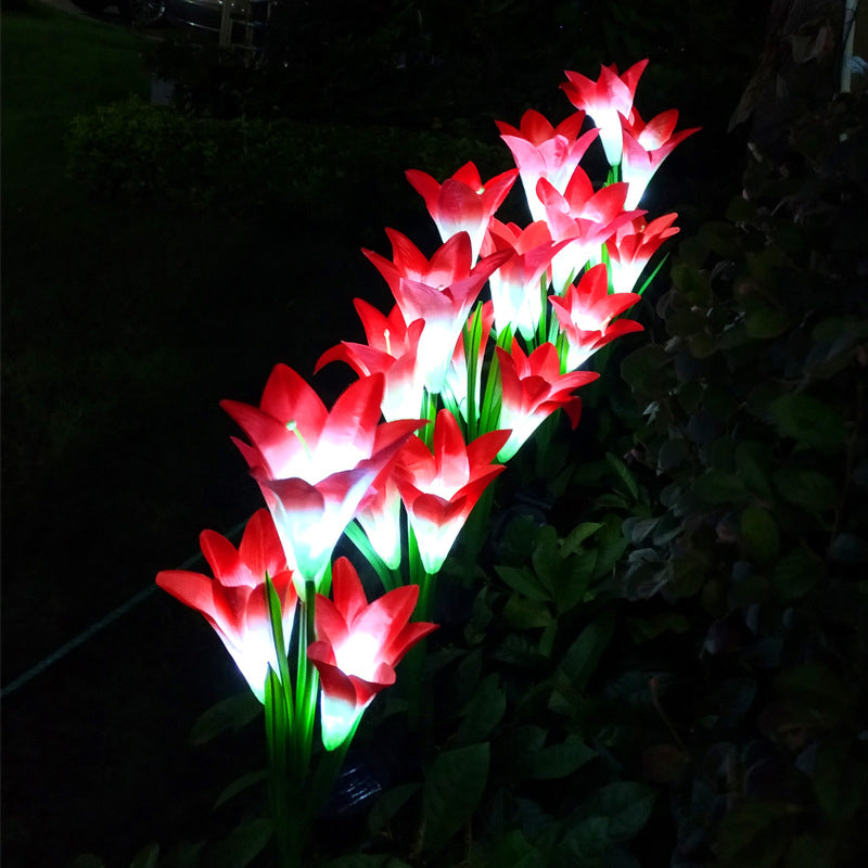 Decorative Artificial Lily Bouquet Solar Ground Lighting Plastic Garden LED Landscape Light, 2 Pcs