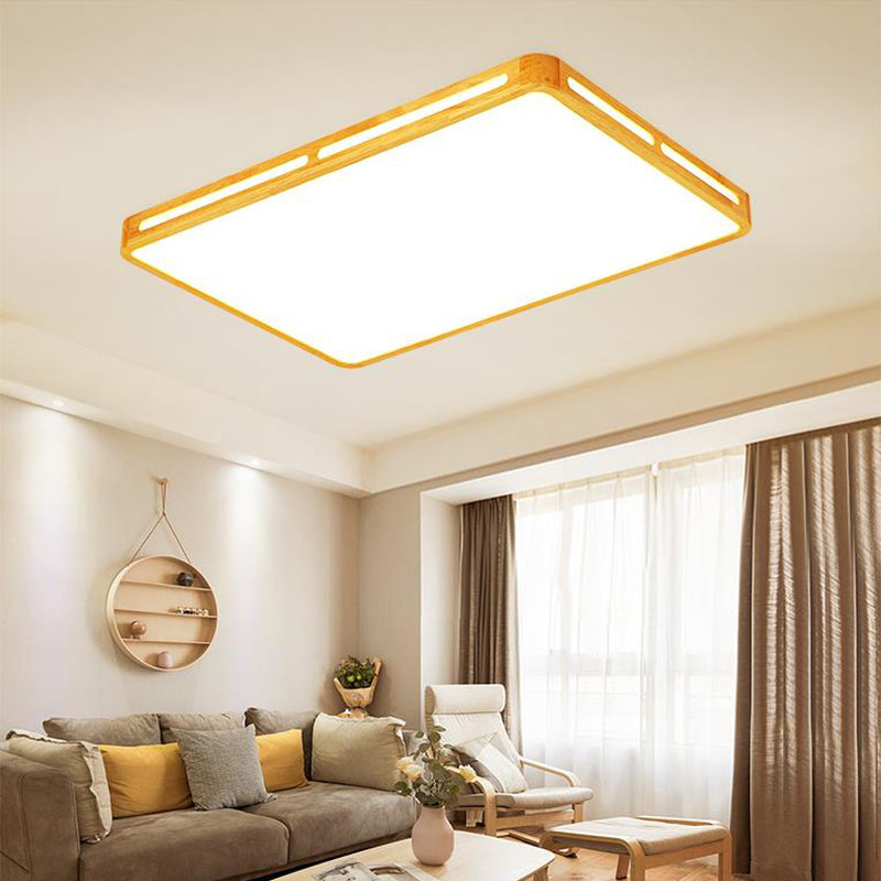 25.5"/37.5" Wide Rectangle Ceiling Light Minimalist Wood Beige LED Flush Mount Lamp for Bedroom