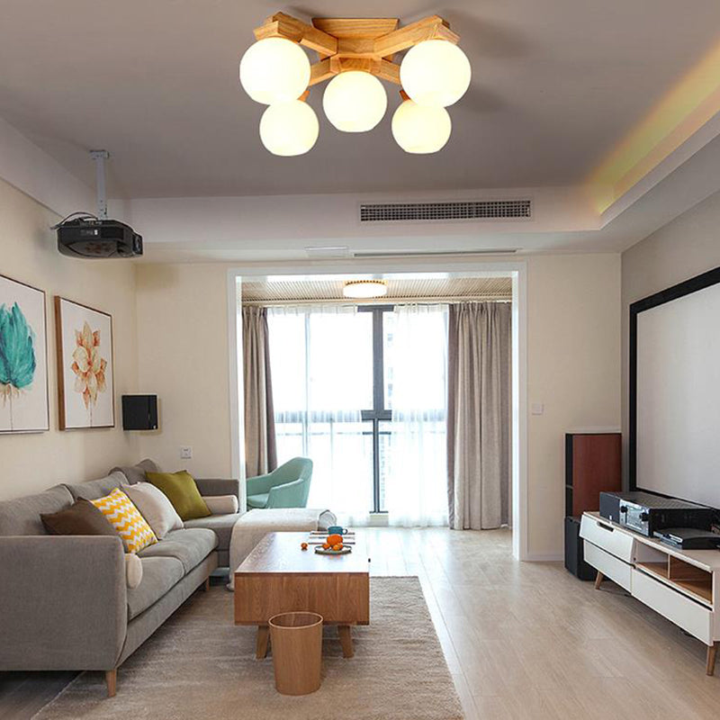 3/5/7 luces ramifican iluminación semi de montura contemporánea vidrio de vidrio semi luz de montaje en beige con accesorio de madera brazo