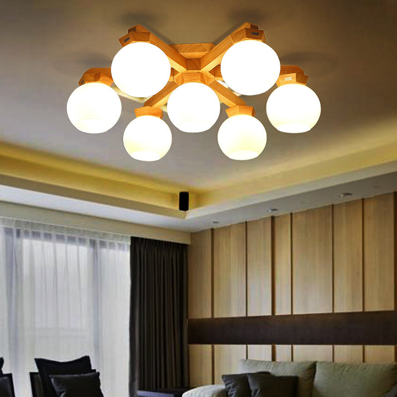 3/5/7 luces ramifican iluminación semi de montura contemporánea vidrio de vidrio semi luz de montaje en beige con accesorio de madera brazo