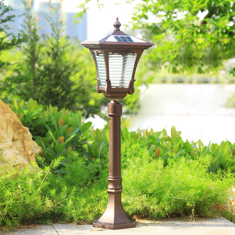 Flared Square Ribbed Glass LED Path Light Vintage Courtyard Solar Landscape Lighting in Coffee