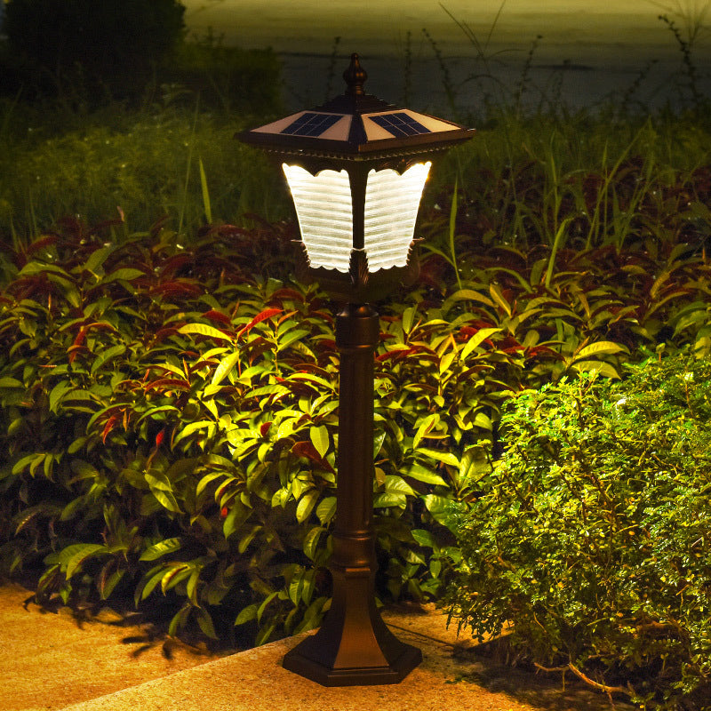 Flared Square Ribbed Glass LED Path Light Vintage Courtyard Solar Landscape Lighting in Coffee
