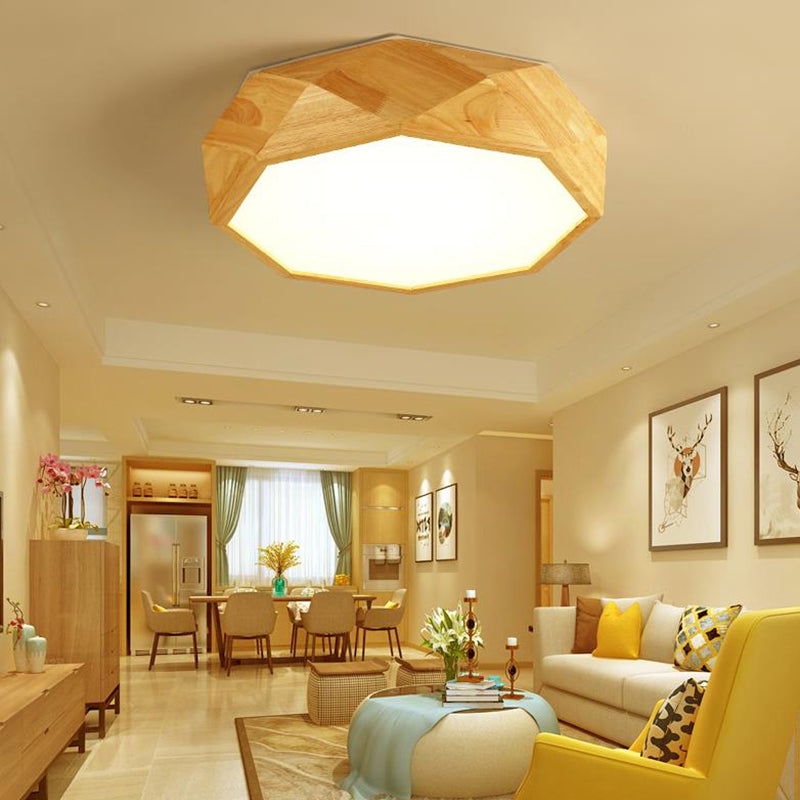 Geometric Ceiling Mounted Light Modernism Wood Beige LED Flush Mount Lamp with Acrylic Diffuser, 18"/26" Wide
