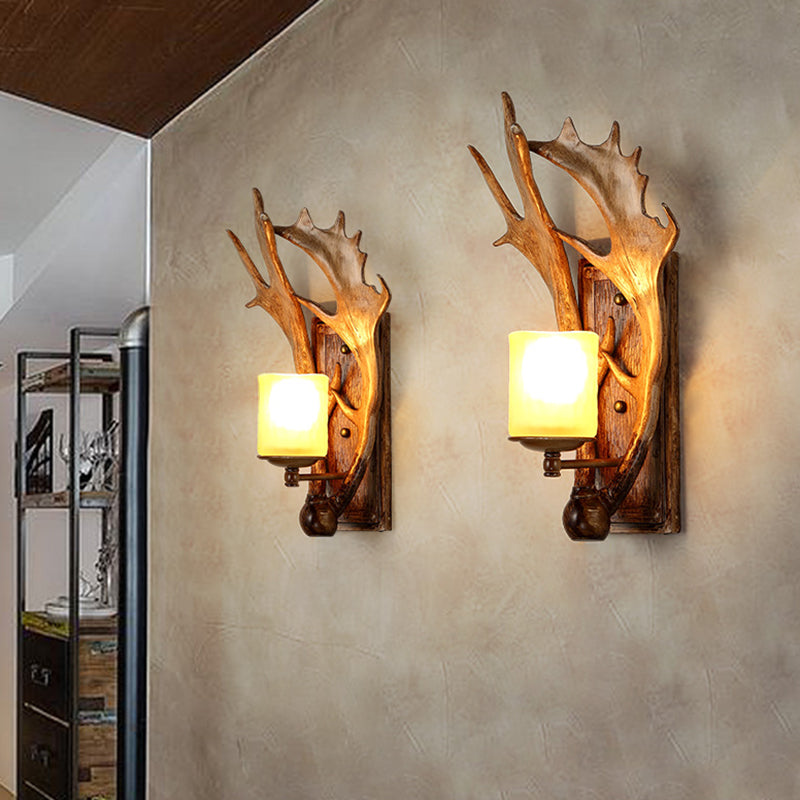Traditional Cup Wall Mount Light Single Beige Glass Wall Light Fixture with Antler Decor in Brown