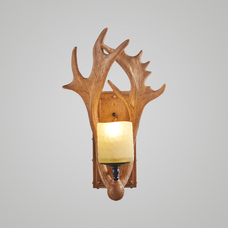 Deer Horn Resin Wall Light Vintage Restaurant Wall Mounted Lamp with Cylinder Beige Glass Shade in Brown